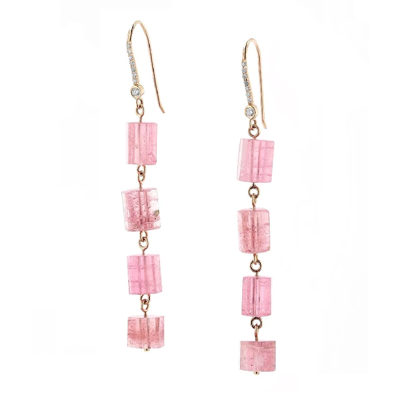 Handcrafted Drop Earrings-14K Diamond Pink Tourmaline Four Drop Earrings  EG000242