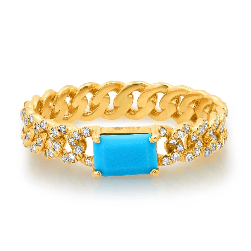 Gold Stackable Rings-CUBAN LINK TURQUOISE & DIAMOND RING, 14kt GOLD