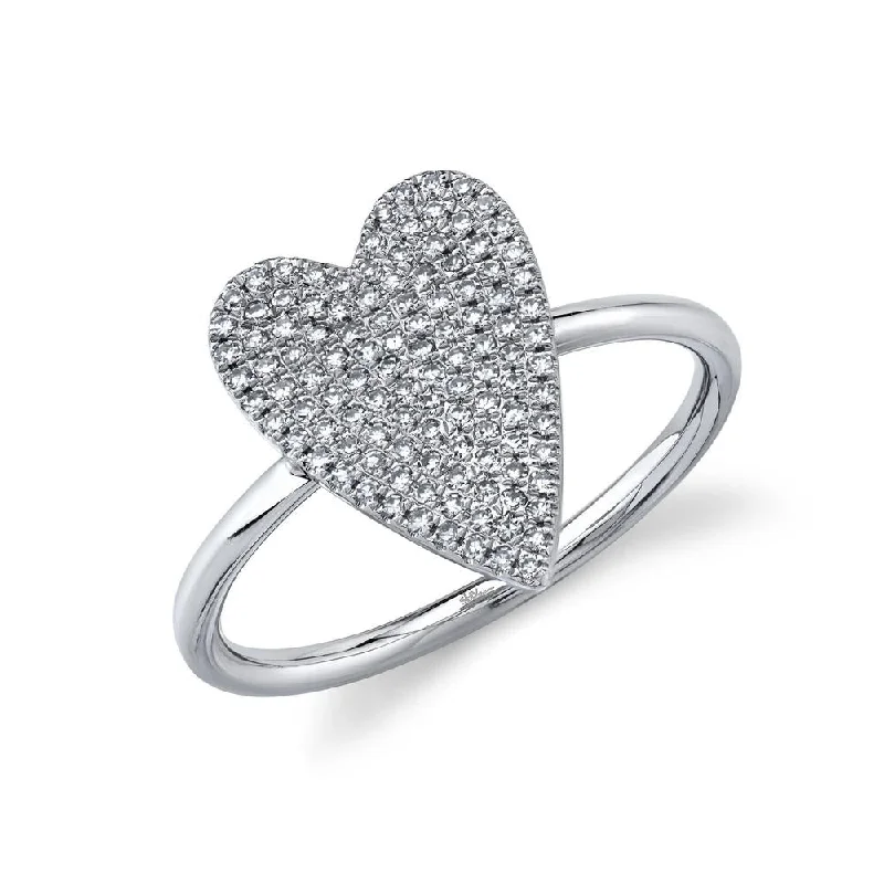 Diamond Cluster Wedding Rings-14K White Gold Diamond Pave Medium Heart Ring