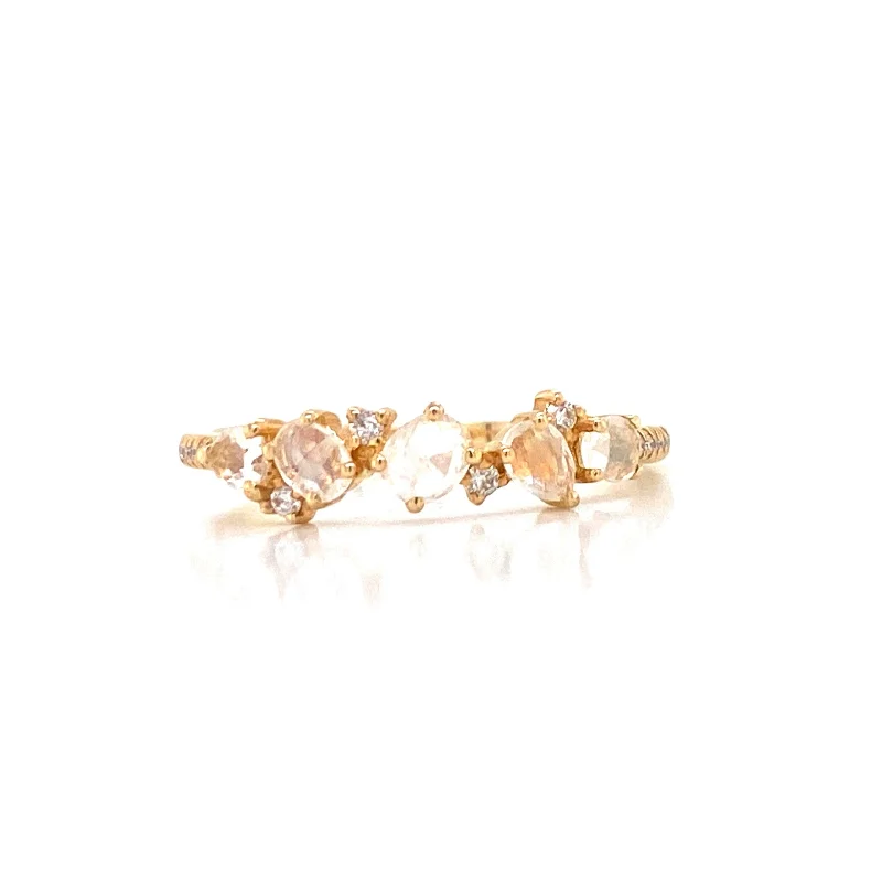 Diamond Cluster Rings-14K Yellow Gold Diamond + Moonstone Ring