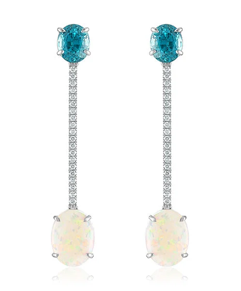 Silver Gem Earrings-Blue Zircon and Opal Earrings with Diamonds 86-JSA