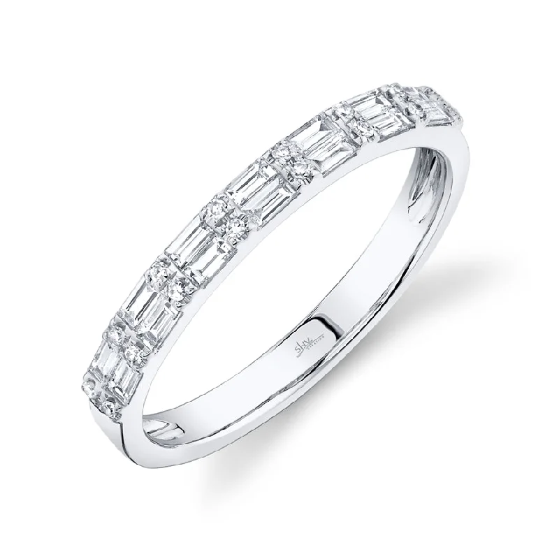 Vintage Engagement Rings-14K White Gold Diamond Baguette + Round Diamond Band