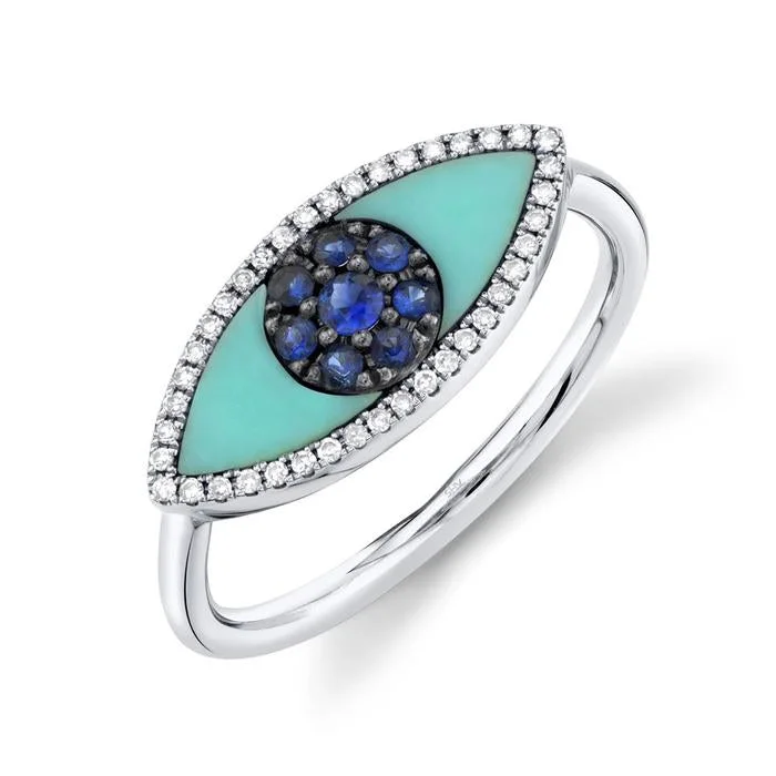 Personalized Rings-14K White Gold Diamond & Blue Sapphire + Turquoise Eye Ring