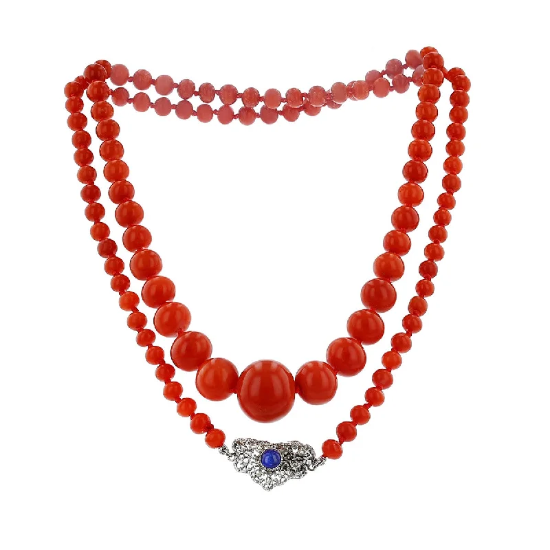 Gold Statement Necklaces-Buccellati Coral Bead and Sapphire Necklace