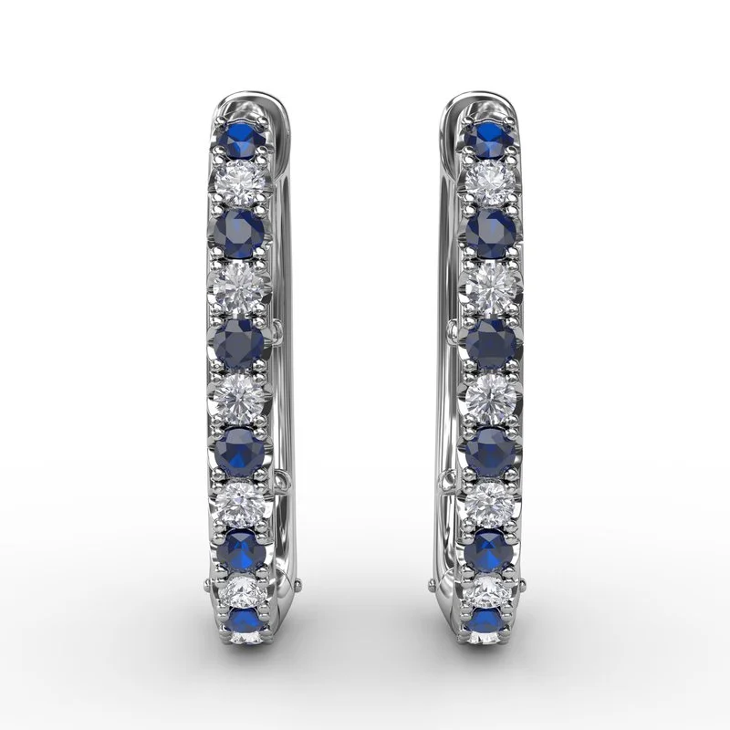 Silver Gem Earrings-Alternaing Sapphire and Diamond Hoop Earrings ER1763S