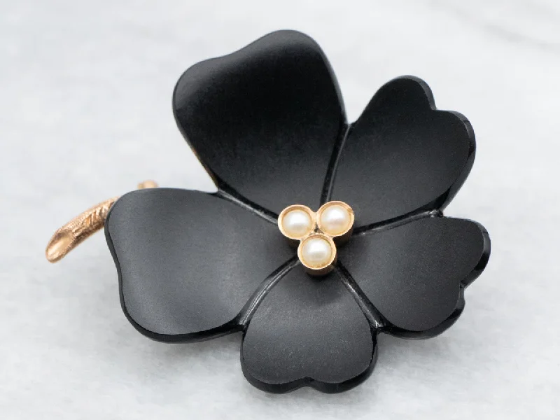 Luxury Crystal Brooch-Black Onyx Flower Brooch with Pearl Accents