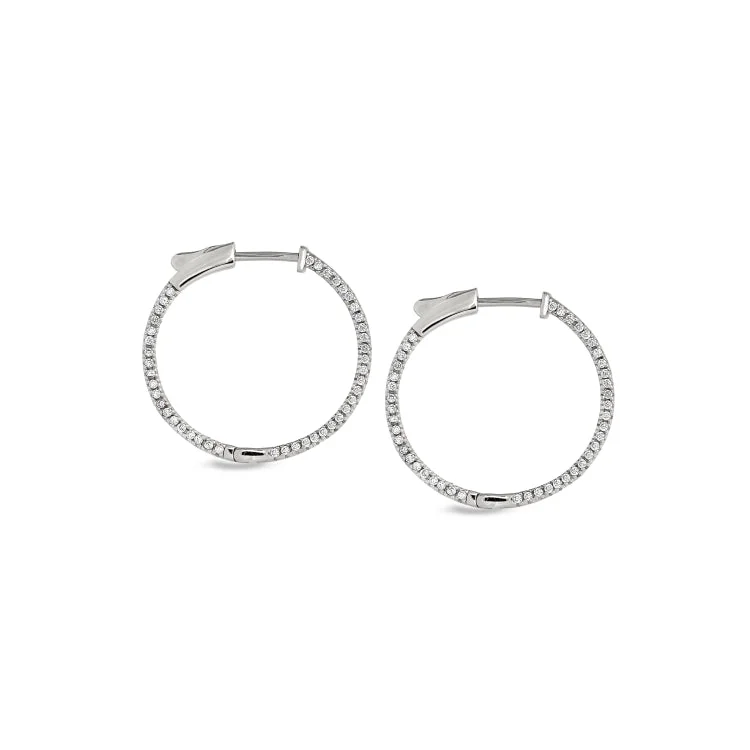 Art Nouveau Earrings-Platinum Finish Sterling Silver Micropave Side Stones Medium Hoop Earrings with Simulated Diamonds