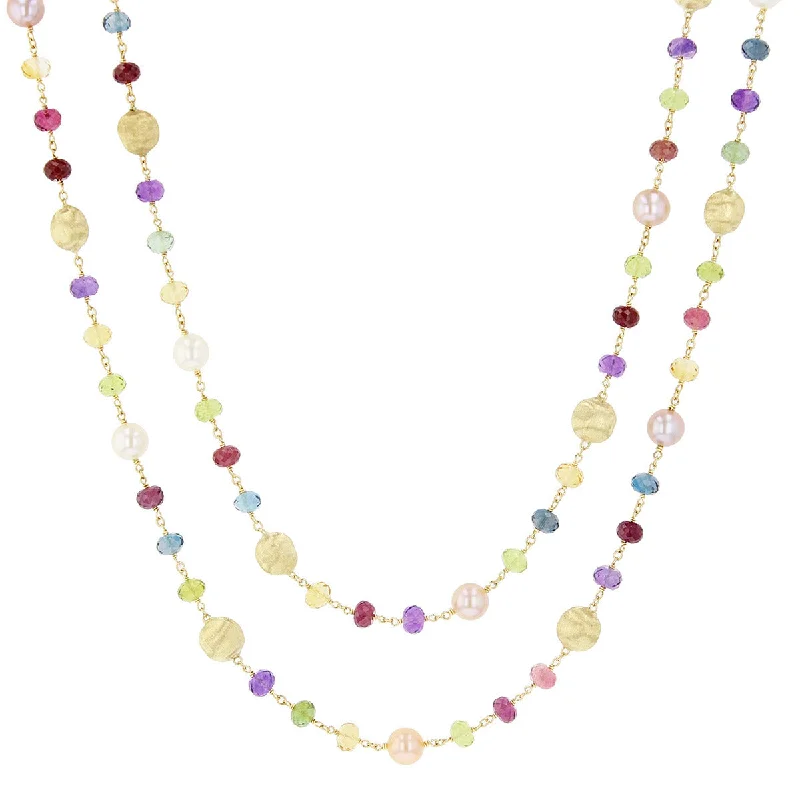 Gold Toggle Necklaces-18K Yellow Gold Mixed Gemstone and Pearl Long Necklace