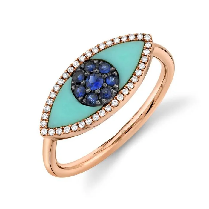 Customizable Rings-14K Rose Gold Diamond & Blue Sapphire + Turquoise Eye Ring