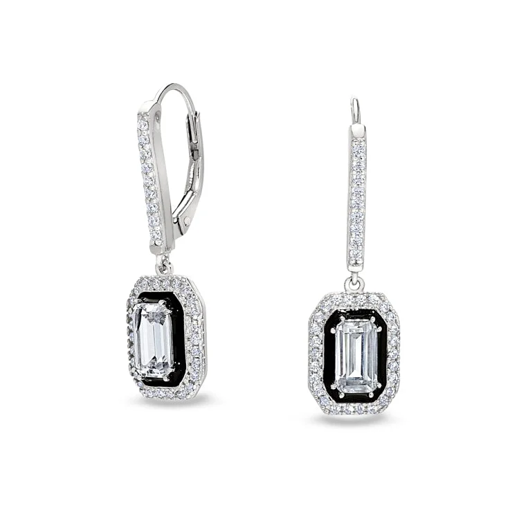 Red Earrings-Platinum Finish Sterling Silver Micropave Octagon Earrings with Black Enamel and Simulated Diamonds