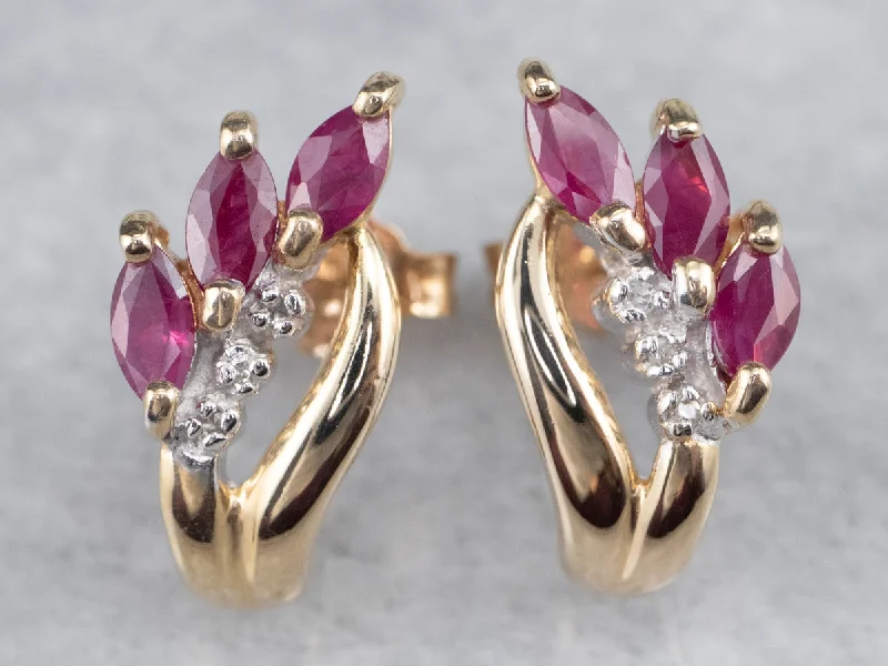 Gem Drop Earrings-Marquise Ruby and Diamond Stud Earrings