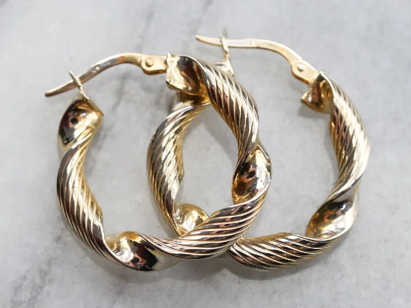 Long Crystal Earrings-Twisted Gold Ribbon Hoop Earrings