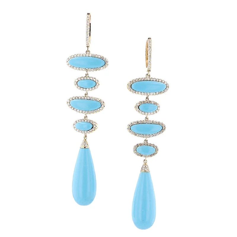 Long Pearl Earrings-14K Turquoise Diamond 5 Drop Huggie Hoop Earrings  EG000255