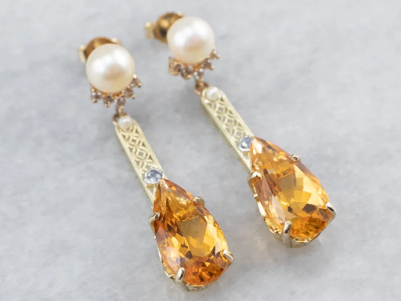 Eco Earrings-Citrine Pearl Gold Filigree Bar Drop Earrings