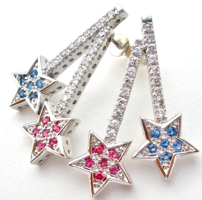 Textured Earrings-Sterling Silver Star Earrings with Cubic Zirconias