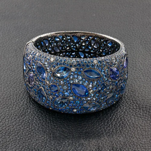 Dainty Silver Bangles-Wide Sapphire & Diamond Bangle Bracelet