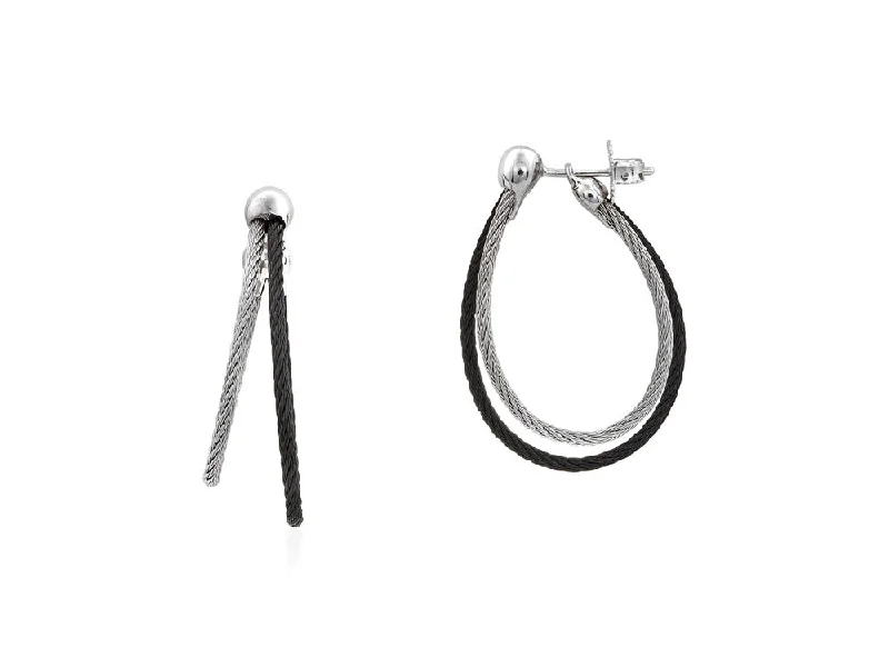 Neon Earrings-ALOR Black & Grey Cable Asymmetrical Hoop Earrings with 18kt White Gold