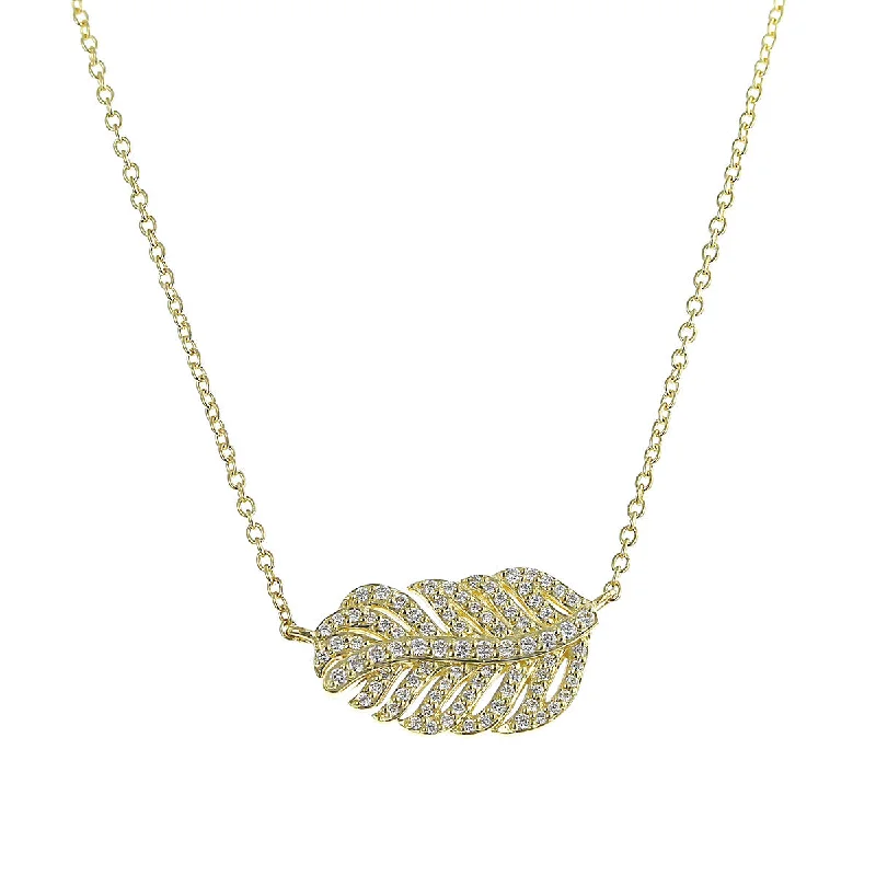 Custom Necklaces-18K Yellow Gold Diamond Feather Pendant Necklace