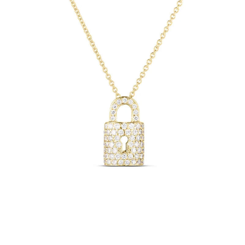 Trendy Pendant Necklaces-18K Gold Diamond Lock Charm Necklace