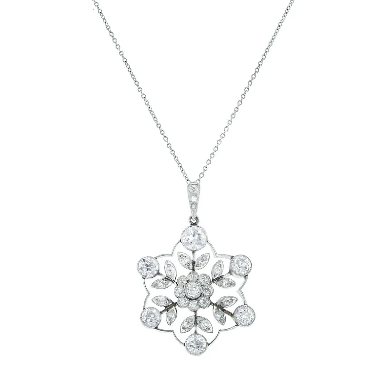 Men’s Silver Necklaces-Art Deco Platinum Diamond Snowflake Pendant Necklace