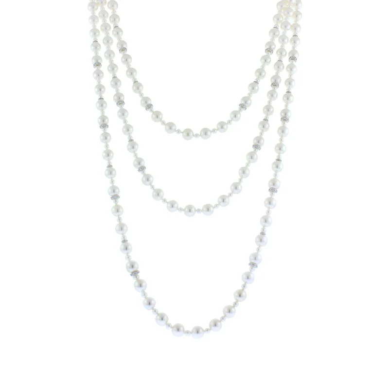 Gold Layered Necklaces-18K White Gold Akoya Cultured Pearl And Diamond Rondelle Necklace