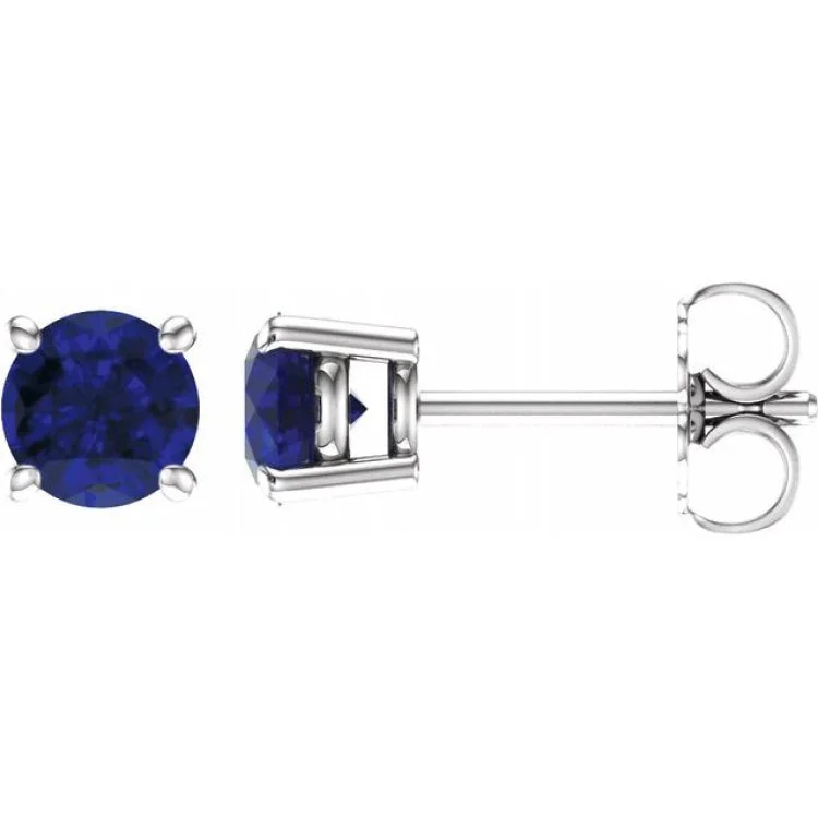 White Gold Earrings-14K White 5 mm Natural Blue Sapphire Stud Earrings with Friction Post