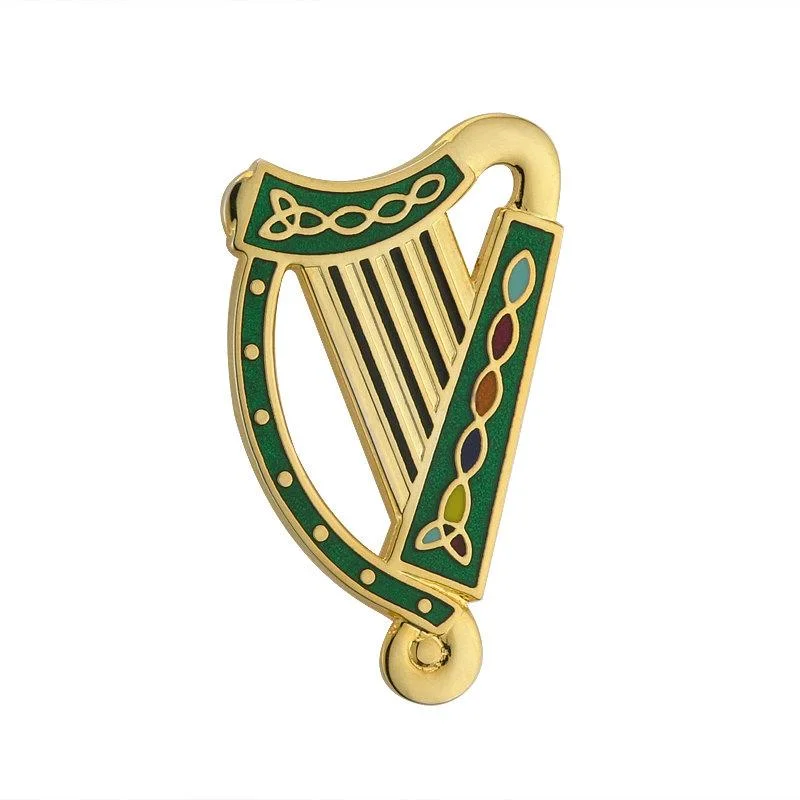 Custom Enamel Brooch-Gold Plated Green Harp Brooch