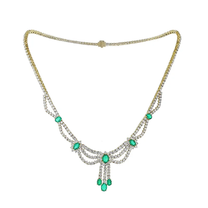 Handmade Charm Necklaces-18K Yellow Gold Diamond and Emerald Drape Necklace