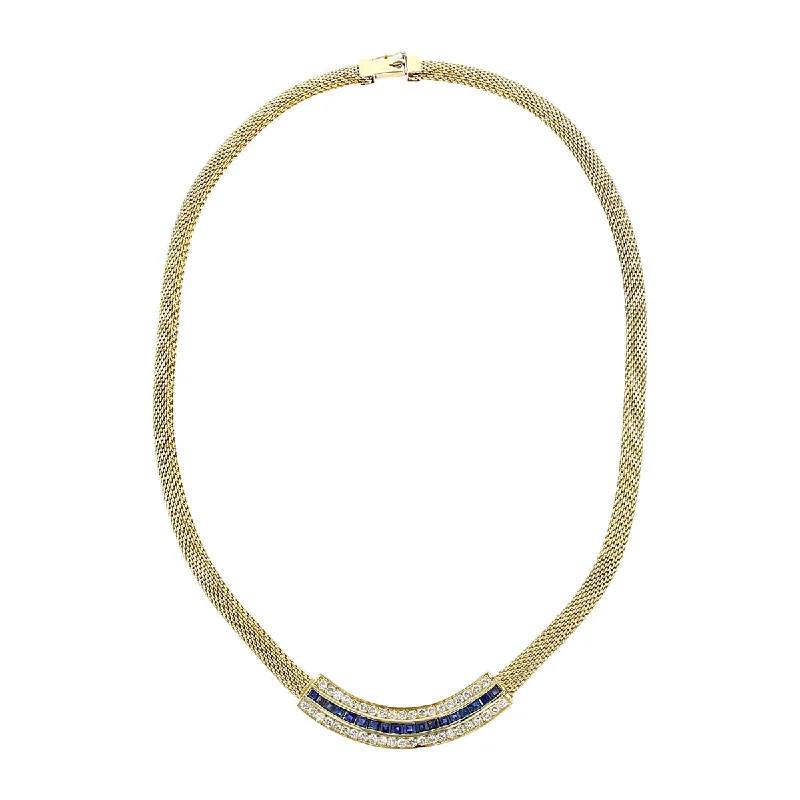 Gold Necklace Chains-18K Yellow Gold Sapphire and Diamond Mesh Chain Necklace