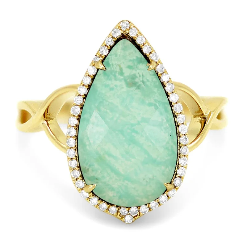 Colored Diamond Rings-YELLOW GOLD STATEMENT RING WITH A PEAR SHAPED AMAZONITE