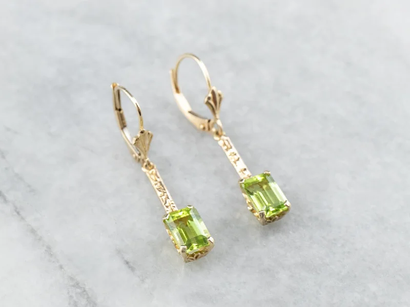 Gemstone Earrings-Peridot Gold Bar Drop Earrings