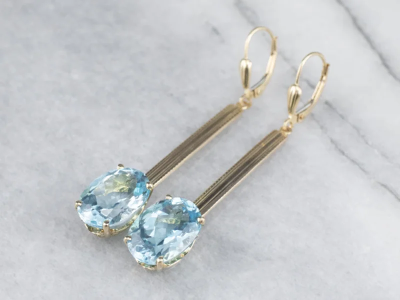 Sparkly Earrings-Blue Topaz Long Gold Drop Earrings